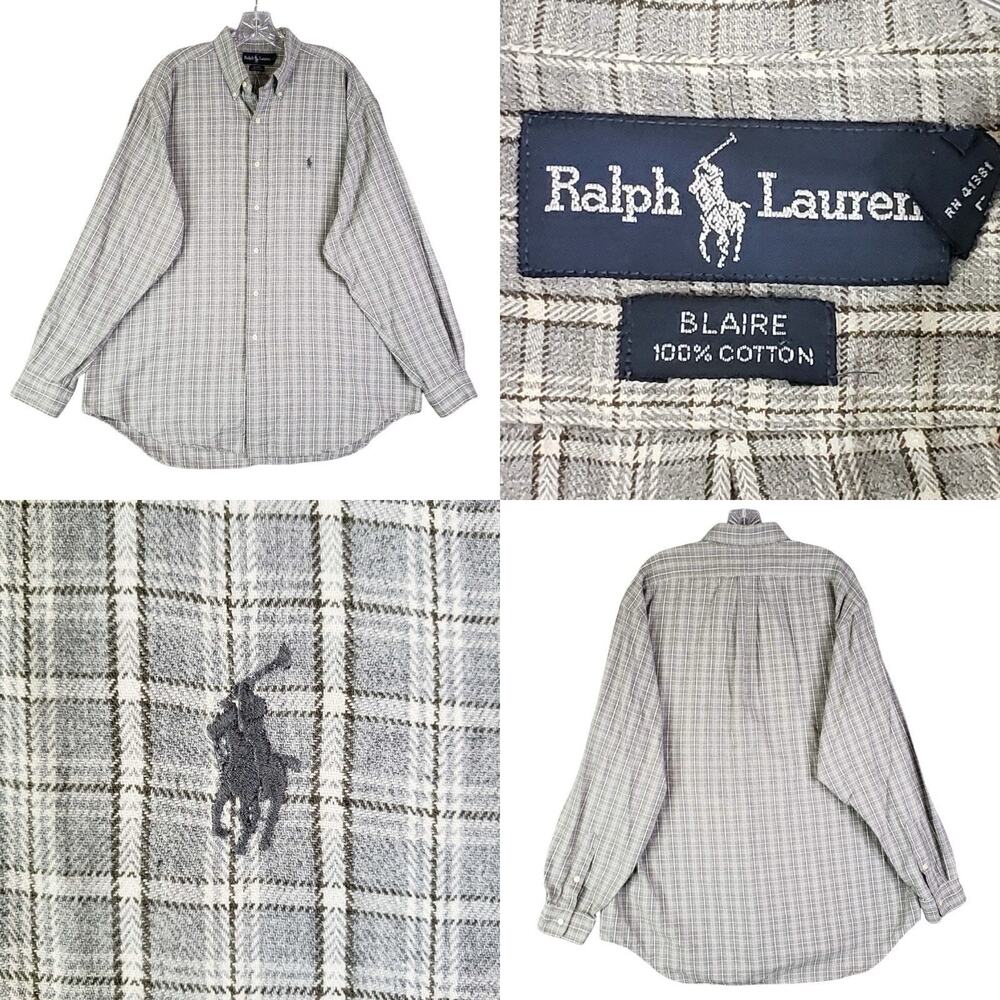 Polo Ralph Lauren Shirt Oxford Button Down Mens Size Large Plaid Gray Blaire Vtg